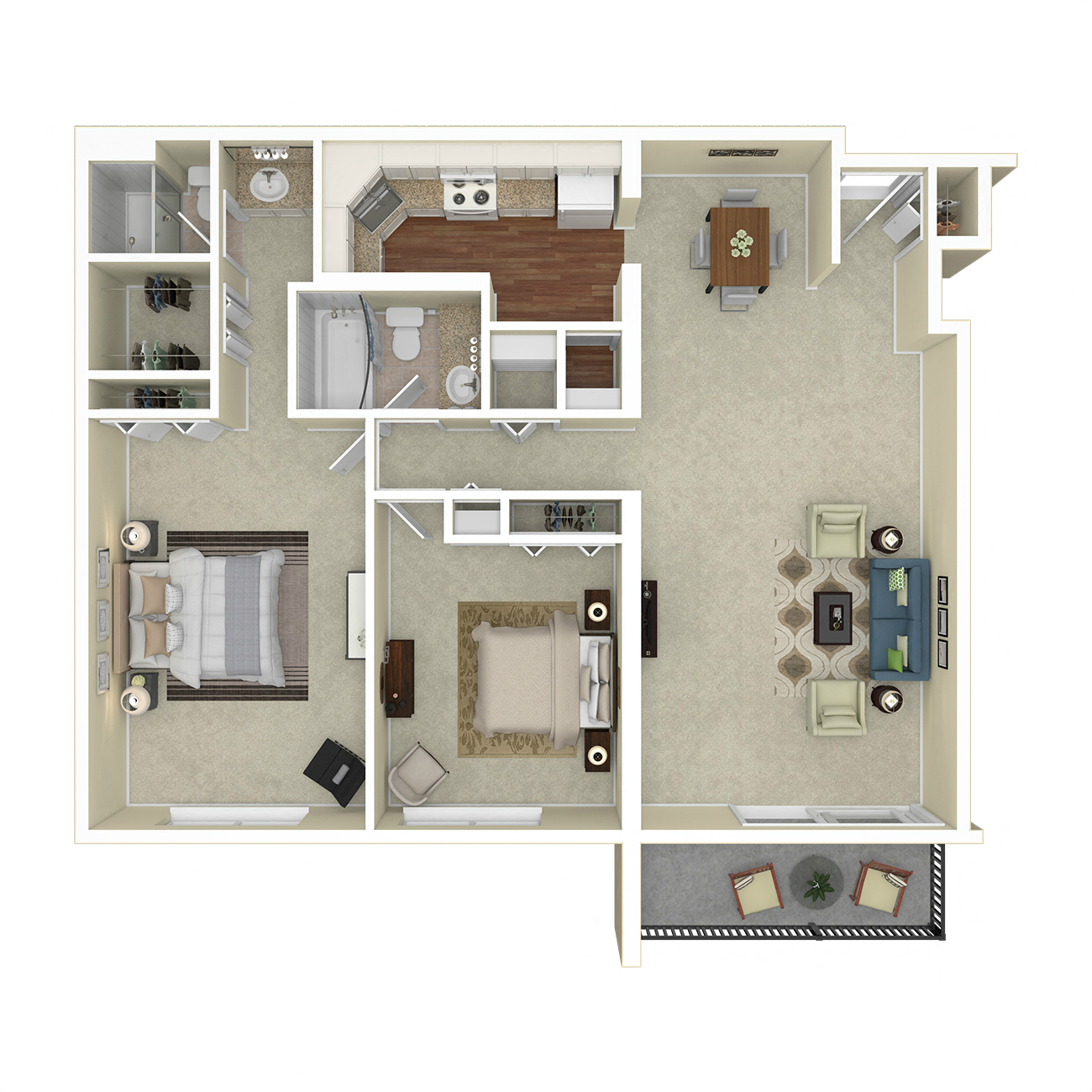 Floor plan for 2 beds, 2 baths, 1045 sqft